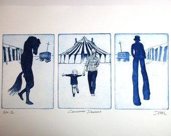 Childhood Dreams - Joyful circus theme triple etching by David Moskow.