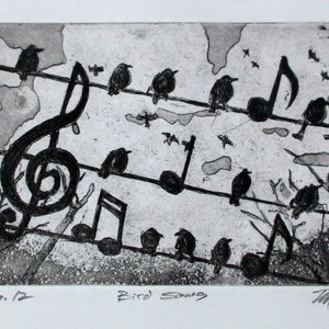 Bird Song a delightful etching by David Moskow Presentation choices: Unmatted or matted, you choose... image 1
