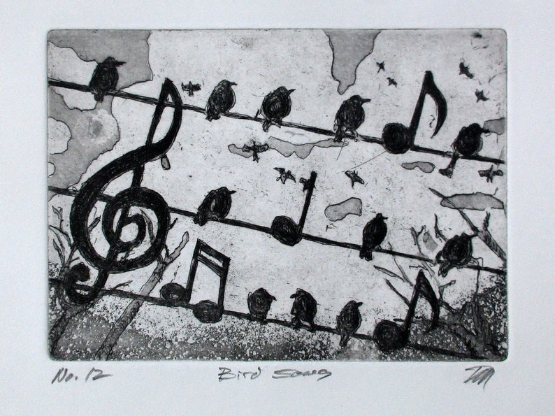 Bird Song a delightful etching by David Moskow Presentation choices: Unmatted or matted, you choose... image 1