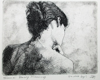 Some Rainy Morning - A beautiful etching by my father, Walter Moskow - Presentation choices: Unmatted or matted, you choose...