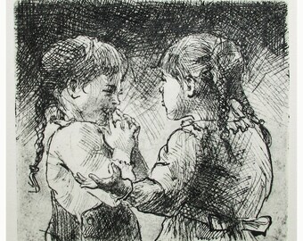 Happy Talk - a delightful etching by my father, Walter Moskow.  Presentation choices:  Unmatted or Matted, you choose...