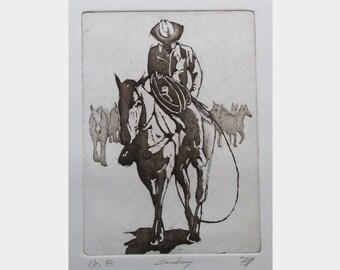 Cowboy - western etching by David Moskow. Presentation choices: Unmatted or matted, you choose...