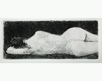 Reclining Nude - a wonderful etching by my father, Walter Moskow -  Presentation choices: Unmatted or matted, you choose...