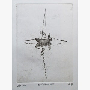 May include: A black and white etching of a small sailboat with a single person in it. The boat is on a body of water and the image is titled "St. Ives" and numbered "No. 10".