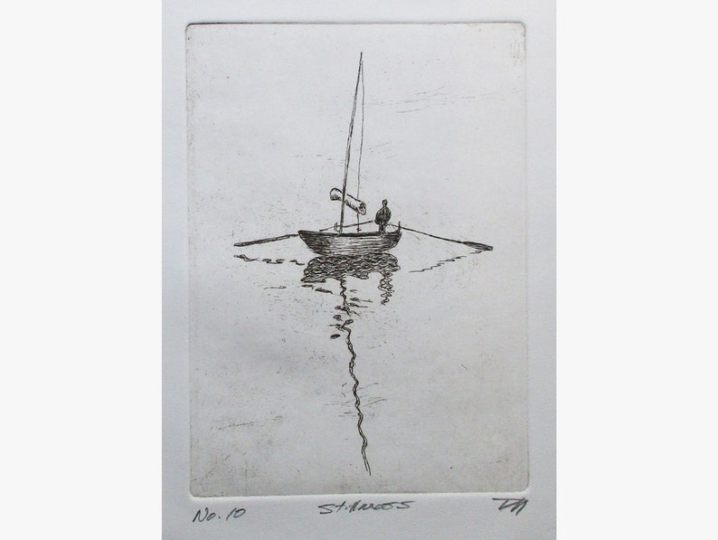 May include: A black and white etching of a small sailboat with a single person in it. The boat is on a body of water and the image is titled "St. Ives" and numbered "No. 10".