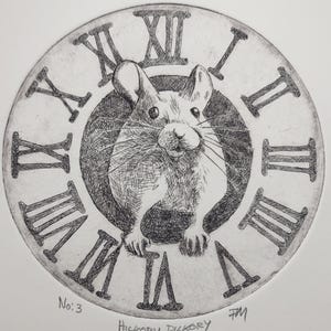 May include: A black and white illustration of a mouse inside a clock face with Roman numerals. The clock face reads "Hickory Dickory" and "No: 3".