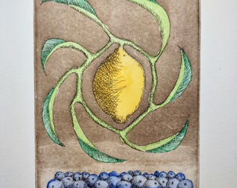 Lemon & Blue Etching Hand-Colored Print by David Moskow