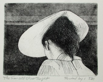 The Sun Will Shine Tonight - a lovely etching by my father, Walter Moskow - Presentation choices:  Unmatted or matted, you choose...