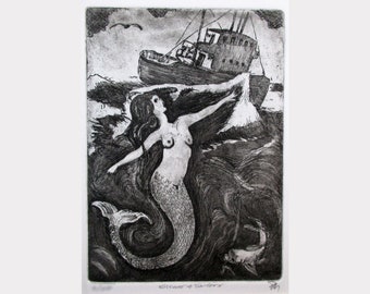 Sirens & Sailors - a lovely etching by David Moskow - Presentation choices: Unmatted or matted, you choose...