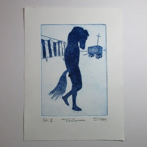 May include: A blue and white print of a horse with a long tail, standing in front of a striped tent. The print is titled "The Centaur" and numbered "No: 1".