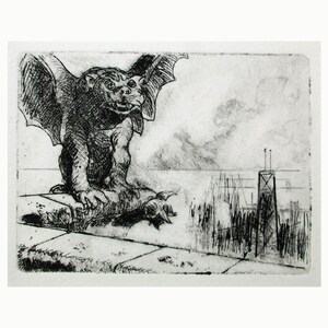 Lost Horizons - a gothy etching by my father, Walter Moskow.  Presentation choices:  Unmatted or Matted, you choose...