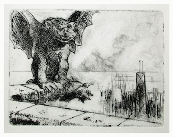 Lost Horizons - a gothy etching by my father, Walter Moskow.  Presentation choices:  Unmatted or Matted, you choose...