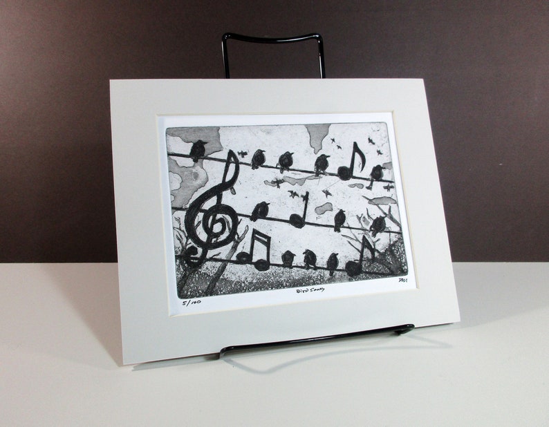 Bird Song a delightful etching by David Moskow Presentation choices: Unmatted or matted, you choose... Matted