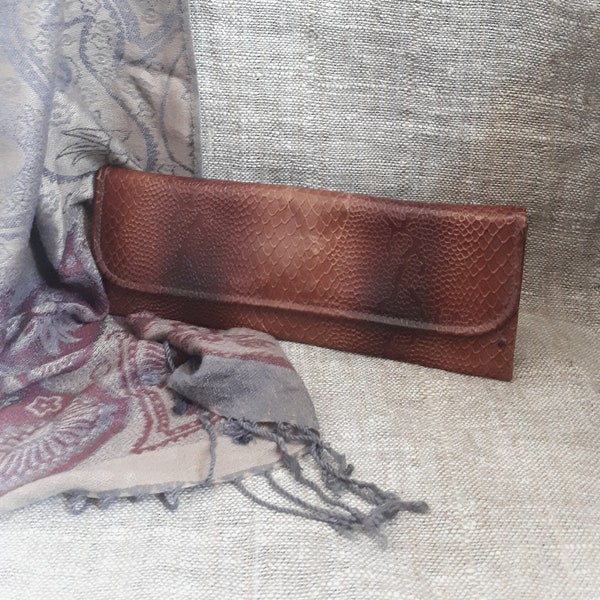 Vintage leather purse, embossed leather handmade purse, cognac brown leather clutch