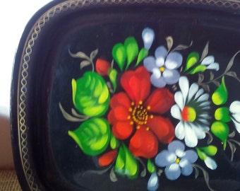 Vintage floral on black metal mini tray, russian tray with hand painted flowers