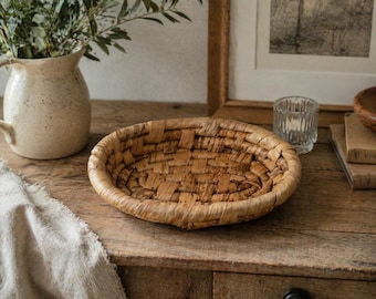 Vintage Banana Leaf Woven Basket, Abaca Fiber Tray, Rustic Boho Decor, Farmhouse Storage