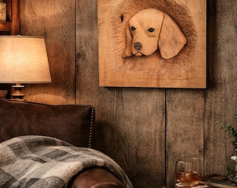 Hand Carved Wooden Dog Wall Art, Nordic Folk Relief, Rustic Lodge Decor (12" x 13")