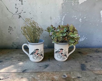 Vintage Staffordshire Bird Mugs Set of 2, BullFinch Coffee Cups, Cottagecore Kitchen Decor, Shabby Chic Ceramic