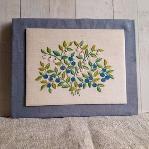 Vintage embroidered picture blueberries, scandinavian embroidery wall hanging, rustic wall decor
