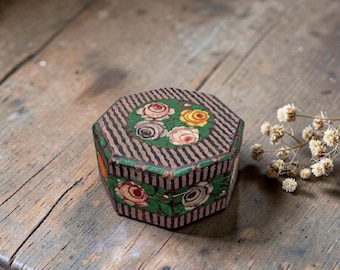 Vintage Hand Painted Wooden Trinket Box, Folk Art Floral Keepsake Box, Hexagon Wood Jewelry Box, Rustic Cottage Decor