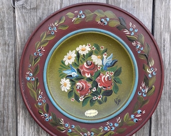 Vintage Hand Painted Wooden Plate, West Germany Wall Decor, Folk Art Bauernmalerei Floral Plate, Rustic  Decor