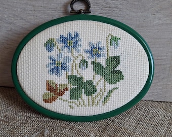 Vintage Floral Cross Stitch Wall Art, Small Oval Embroidery Hoop, Blue Flowers Needlework