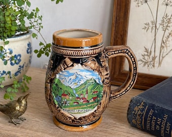 Vintage Beer Stein Mug Krimml Pinzgau Austria Souvenir Ceramic Tankard Alpine Village Relief Rustic Bar Decor Gift