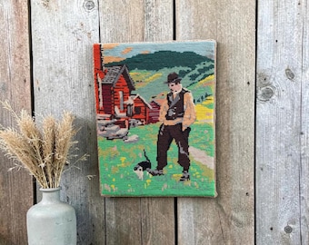 Vintage Needlepoint Wall Hanging, Scandinavian Countryside with Man & Cat – Rustic Folk Art Tapestry