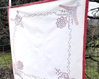 Vintage white red embroidered tablecloth retro home decor