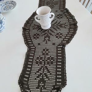 Vintage dark brown crochet table runner, handmade cotton tablecloth, farmhouse decor