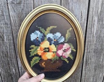 Vintage Floral Needlepoint Wall Art, Hand-Embroidered Flowers, Oval Frame Textile Decor