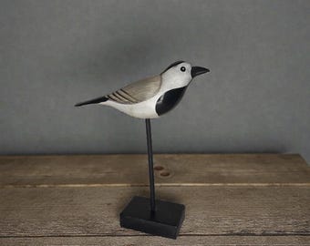 White wooden bird decor, hand carved and painted standing white wagtail