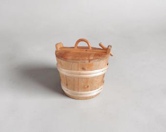 Small wooden swedish bucket with lid, vintage nordic handmade lwooden  tine box svepask
