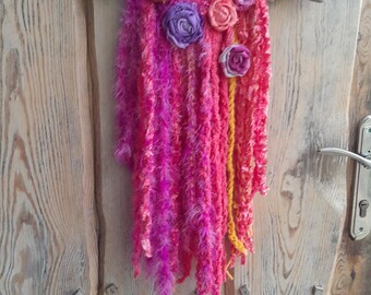 Boho yarn wall hanging vibrant pink/coral/yellow handmade tapestry