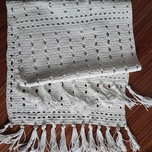 Off white crochet table runner, handmade cotton tablecloth with fringes, farmhouse table decor