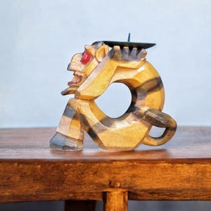 Primitive wooden devil candle holder wooden carved rustic devil figirone from 1960s