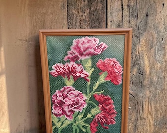 Vintage Needlepoint Flowers Art, Pink Carnations Embroidery, Handmade Textile Art