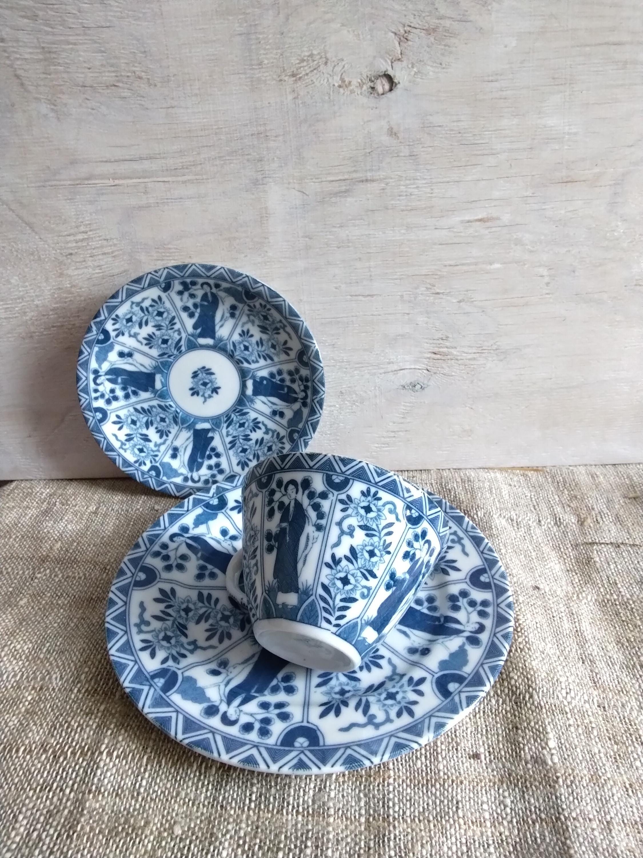ESKi HAREMのティーセット。 Vintage Japanese Blue White Tea Trio Set (2 Sets) Porcelain Geisha