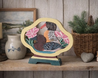 Vintage Hand Carved Wooden Birds Decor, Scandinavian Folk Art Shelf Accent