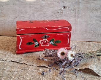 Vintage Hand Painted Red Jewelry Box, Rustic Storage Distressed Wood Trinket Box