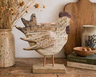 Rustic Wooden Chicken Decor, Hand Carved Folk Art Hen, Farmhouse kitchen Primitive Style Ornament