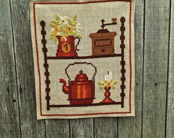 Vintage Scandinavian Needlepoint Kitchen Wall Hanging, Rustic Coffee Motif, Teapot & Grinder Embroidery, Folk Art Textile Decor