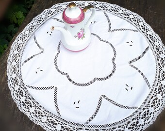 Nappe brodée ronde rétro, nappe brodée en coton des années 1960