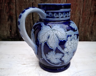 Vintage Betschdorf Stoneware Pitcher | Paul Schmitter Signed | Blue Salt Glaze | Alsace France | Grape Motif