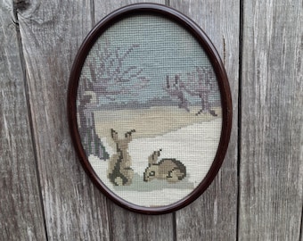 Vintage Needlepoint Rabbits Wall Art, Framed Woodland Bunny Embroidery, Rustic Cottage Decor