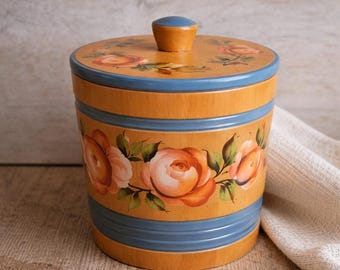 Vintage Bavarian Bauernmalerei Wooden Canister with Lid,  Hand Painted Floral Folk Art  Rustic Alpine Kitchen Decor