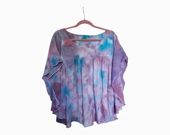 Recycled blouse, bat sleeves hand dyed vintage top, blue purple maternity blouse