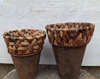 Vintage Rustic Metal Planters With Woven Fiber Rim Primitive Decor Farmhouse Wabi Sabi Plant Pots Set
