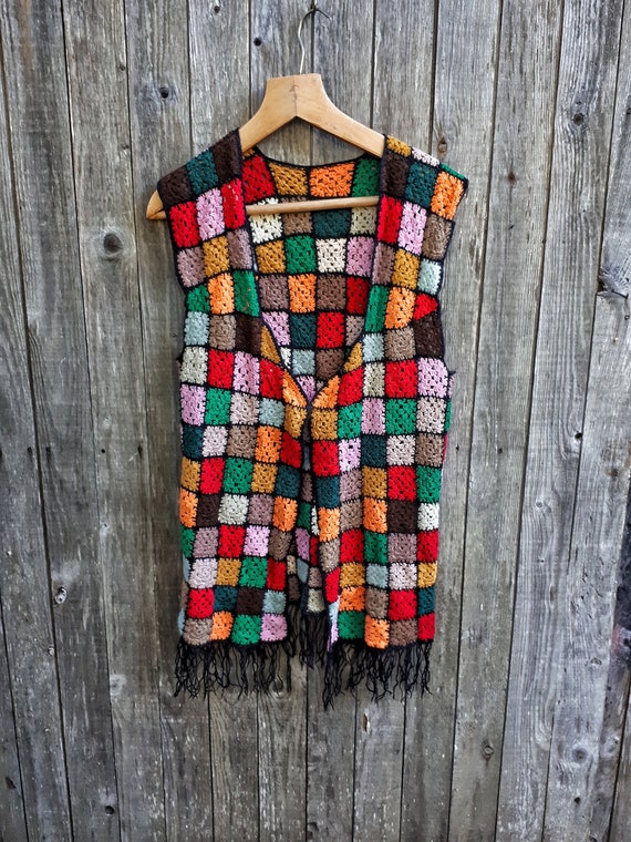 Vintage crochet vest long cardigan , granny square