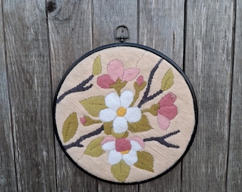 Vintage Embroidered Wool Wall Art, Floral Hoop Decor, Cottagecore Textile Art